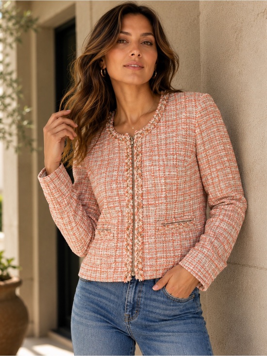 Cynthia Rowley Jackets & Blazers - Cynthia Rowley Coral Cream Tweed Bouclé Fringe Zip Jacket Blazer
